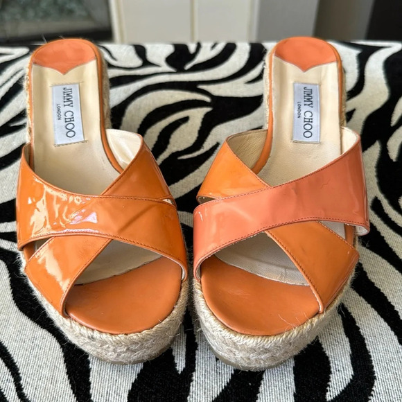Jimmy Choo Orange Patent Leather Phyllis Platform Wedge Size 41 - Picture 2 of 9